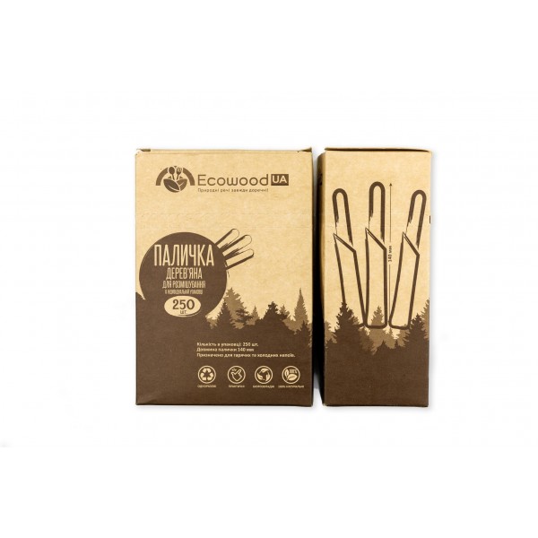 Wooden stirrer for drinks 140x6x1.8 mm individually packed (cardboard packaging 250 pcs.)