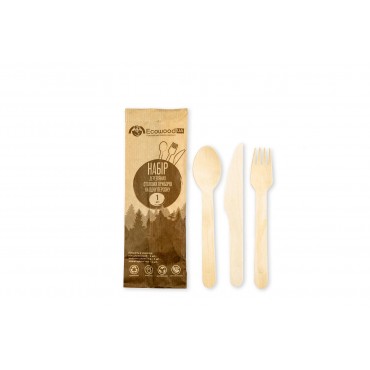 Set of disposable wooden cutlery (3 items-fork, spoon, knife) 